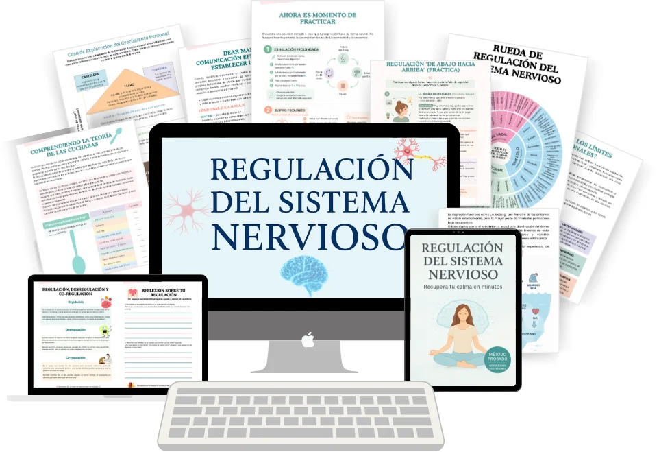 Workbook de Regulación del Sistema Nervioso con sus hojas de trabajo, mostrado en computadora y tablet